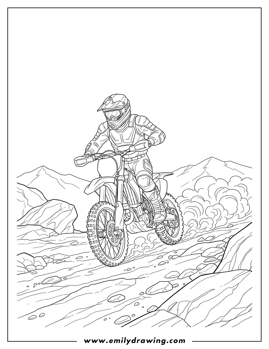 Coloring page for kids: man wearing a helmet and goggles riding a dirt bike on rocky terrain, kicking up dust