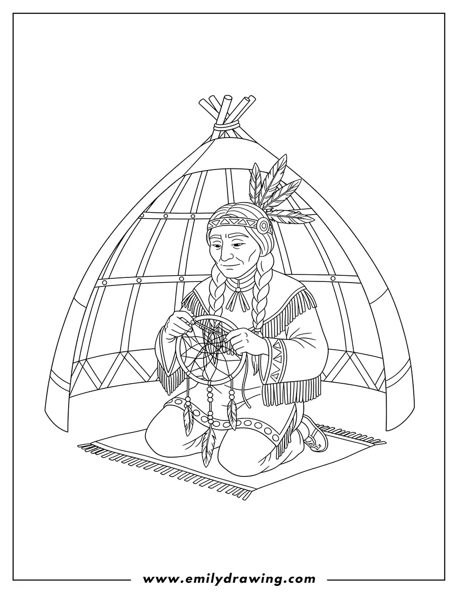 PDF style coloring page: native American Man with braids and feathers, squatting while weaving a dreamcatcher inside a traditional shelter