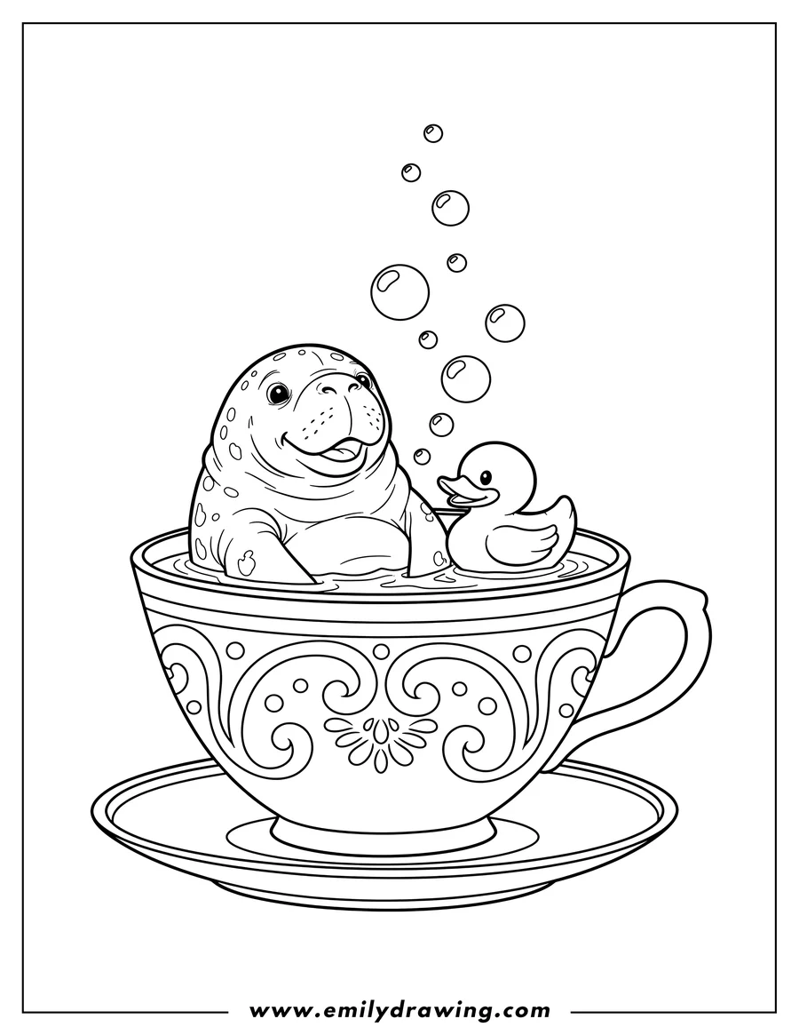 Printable line art of manatee bathing in a teacup with a rubber ducky and bubbles