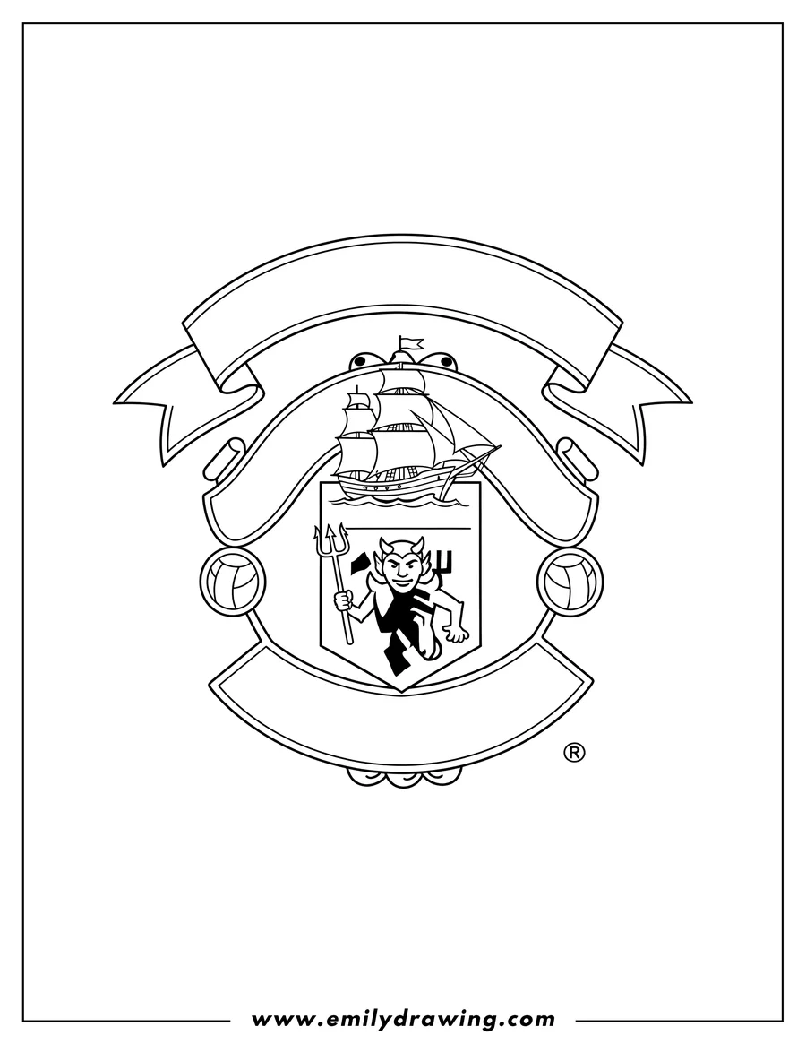 Clean line drawing: manchester United Logo To Color, featuring its iconic red devil, ship, and club name on banners