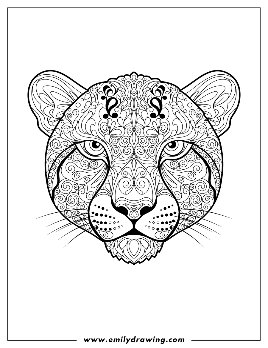 Vector style outline of mandala Cheetah Face, facing forward, with intricate patterns