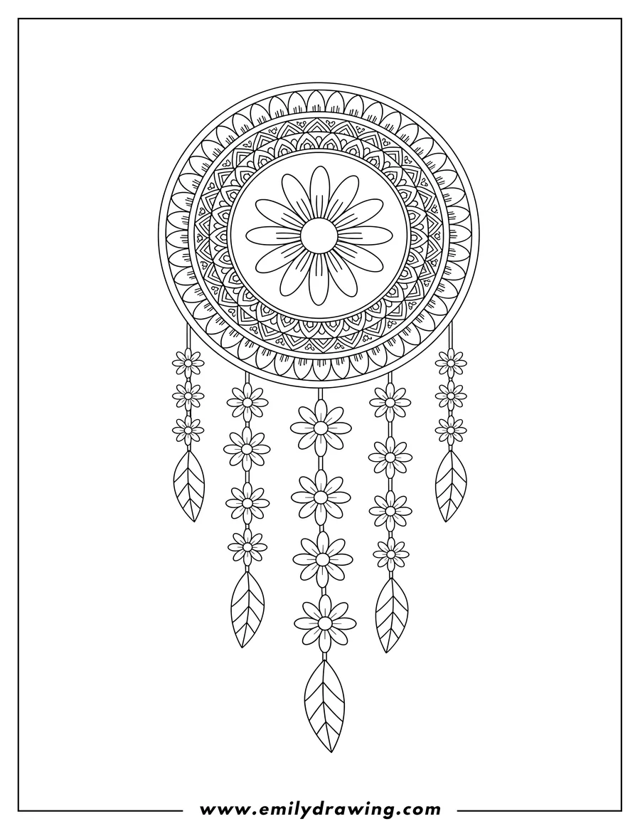 Printable coloring page of mandala daisy dreamcatcher with a big daisy in the middle, and hanging strings of small daisies and daisy-leaf feathers