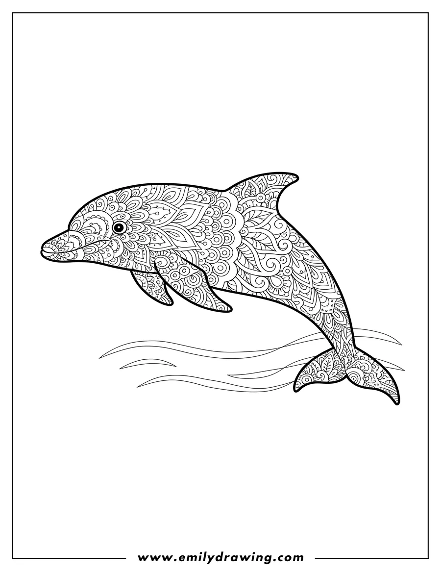 Linear illustration of mandala Dolphin Adults Scaled, swimming in profile