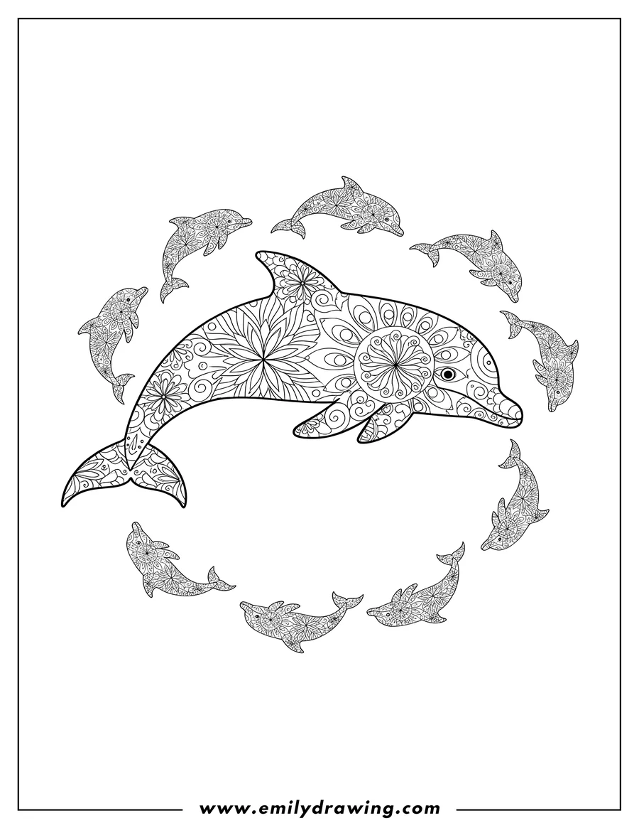 Free to print drawing of mandala Dolphin Adults Scaled, swimming