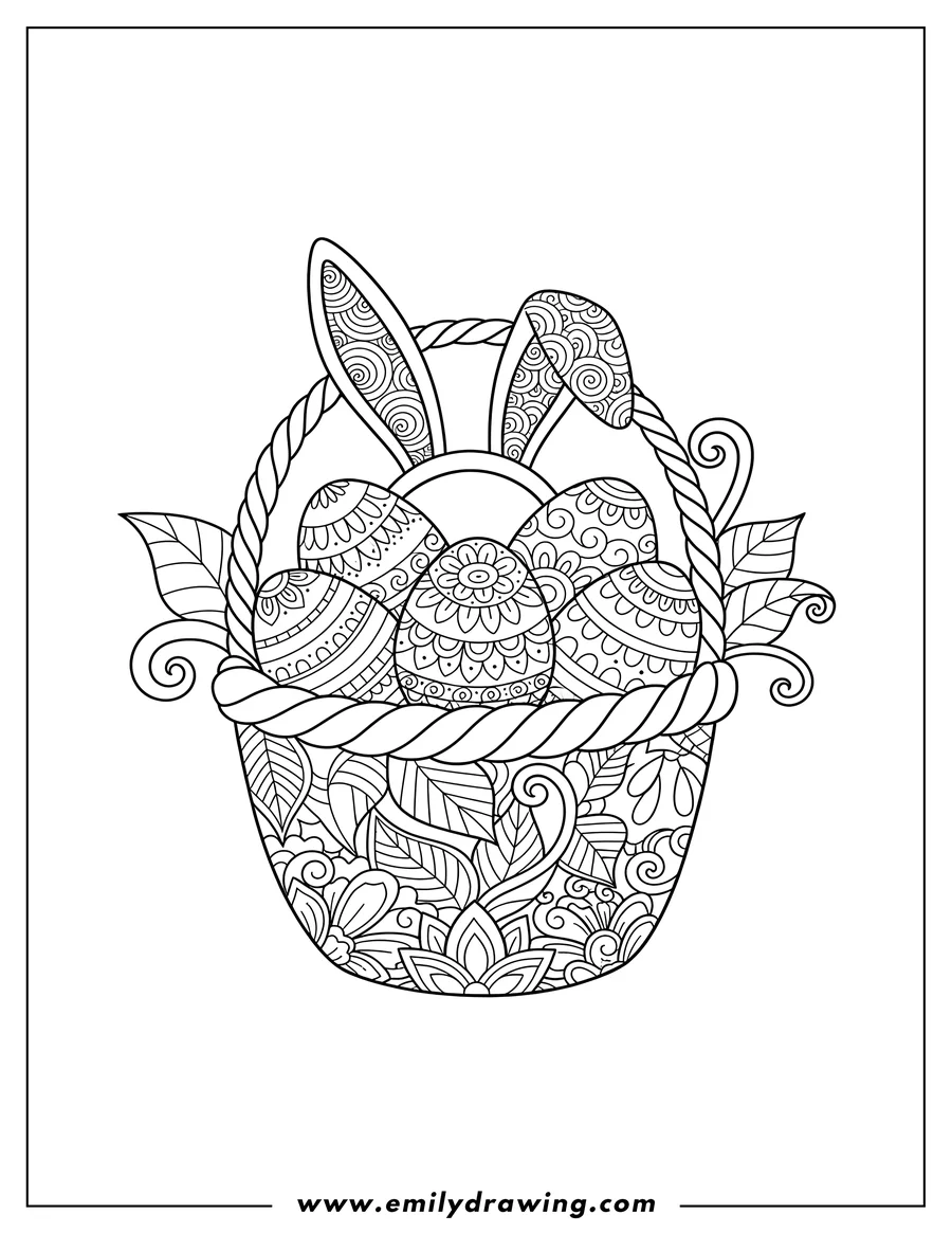Printable coloring page of mandala Easter basket filled with bunny ears, patterned eggs, and leaves
