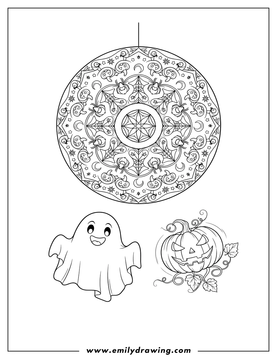Coloring page for kids: halloween Mandala hanging over a friendly, floating ghost and a smiling jack o' lantern