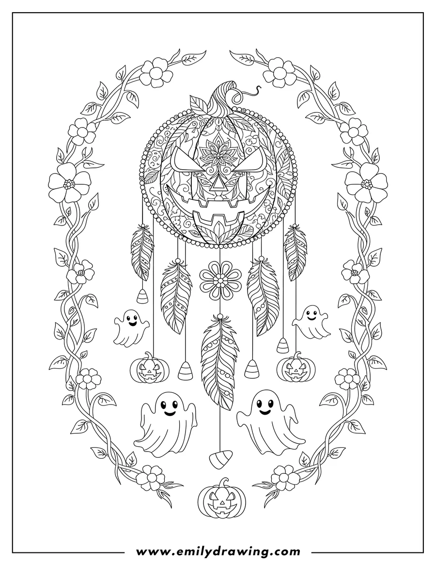 Full page coloring image of mandala Jack O Lantern Dreamcatcher Adults with ghosts, small pumpkins, and candy corn