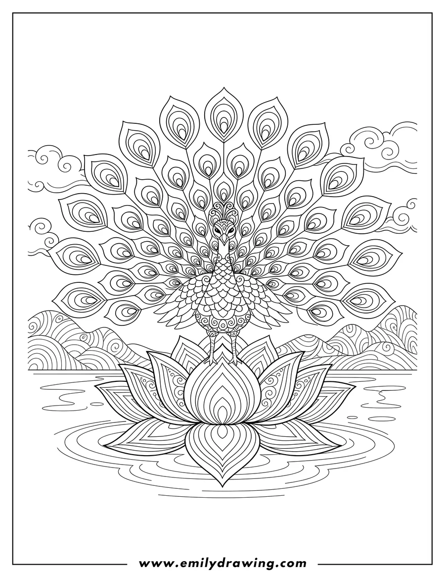 Coloring page for kids: mandala Peacock with fanned tail, standing on a lotus flower floating on water, mountain landscape