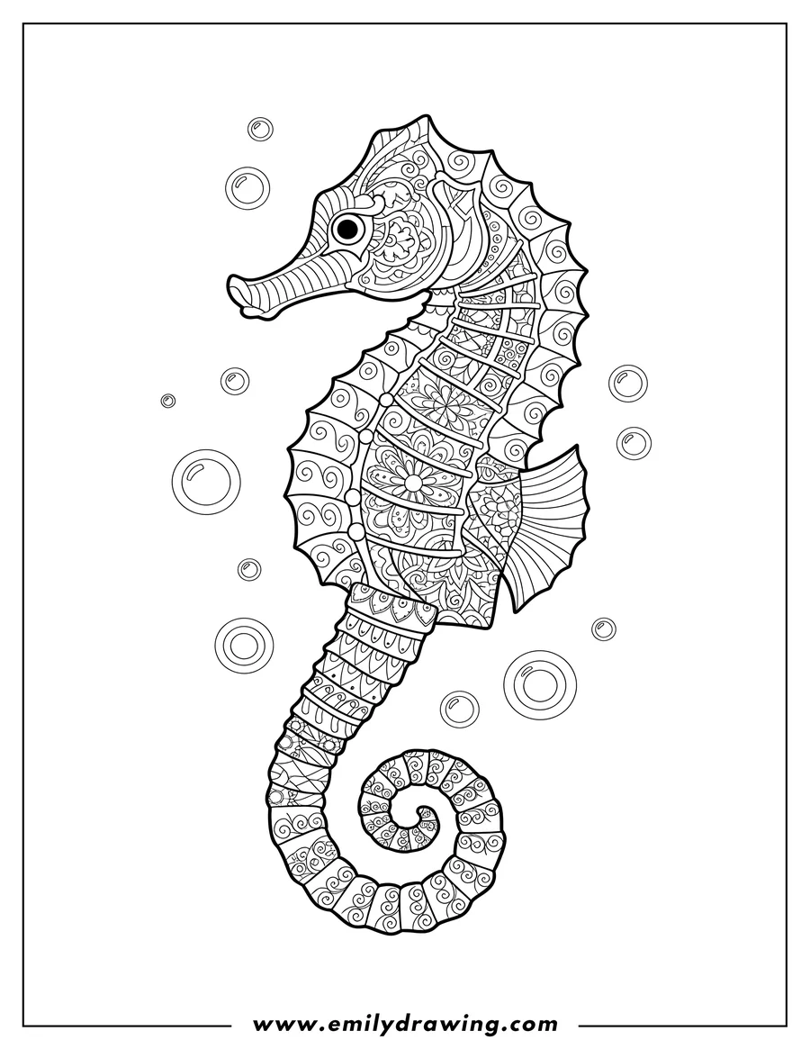 Clean line drawing: mandala Seahorse To Color Adults with intricate patterns and a curled tail