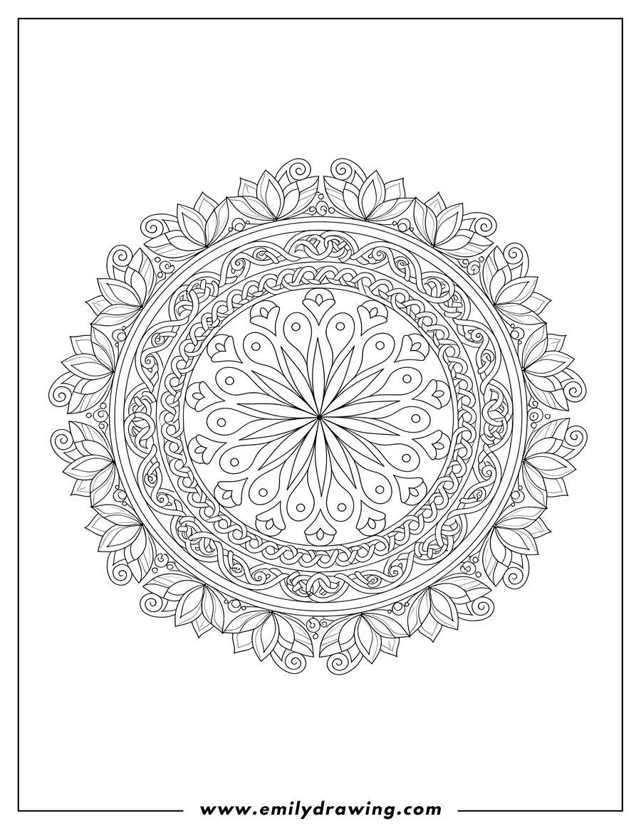 PDF style coloring page: mandala with intricate floral and swirling patterns