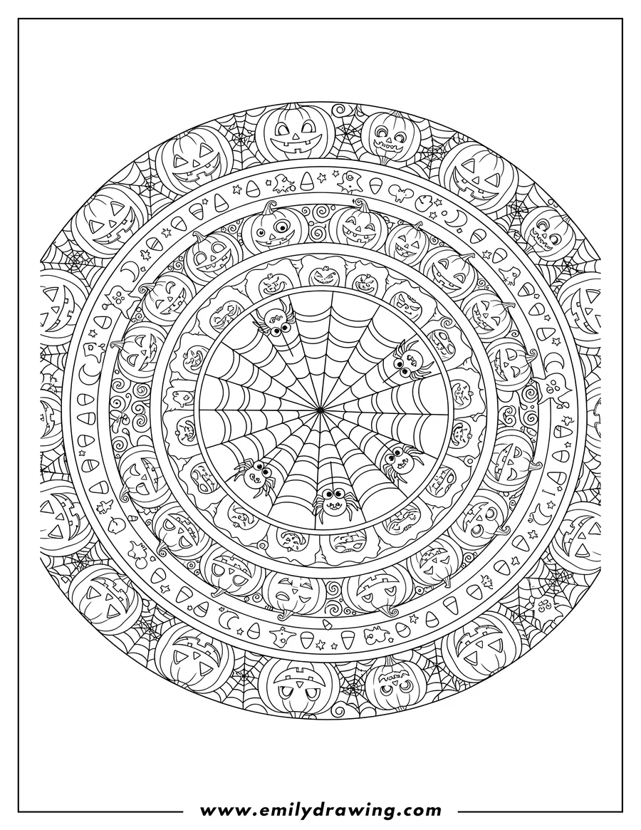 Vector style outline of halloween Mandala with many Jack O'Lanterns, a central spiderweb, and spiders