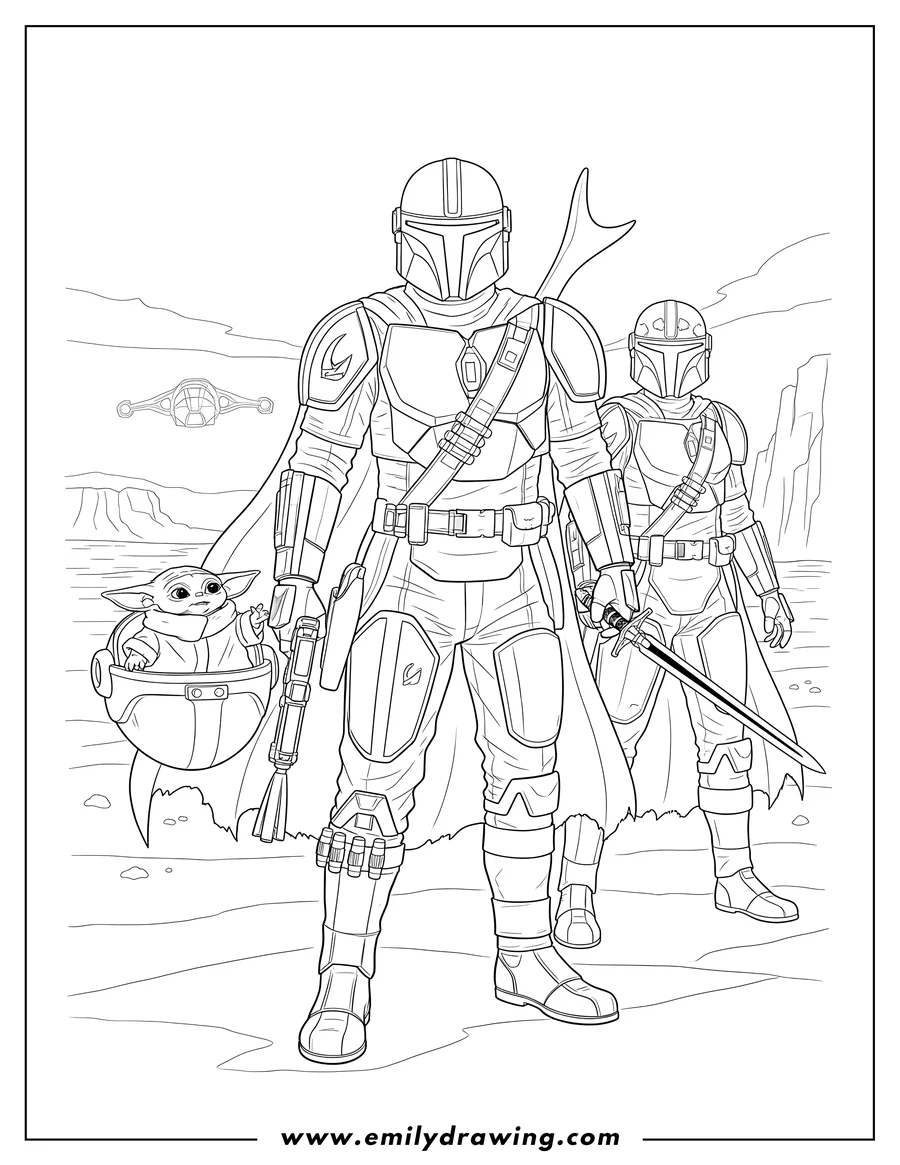 Linear illustration of mandalorian Poster with Grogu and another Mandalorian