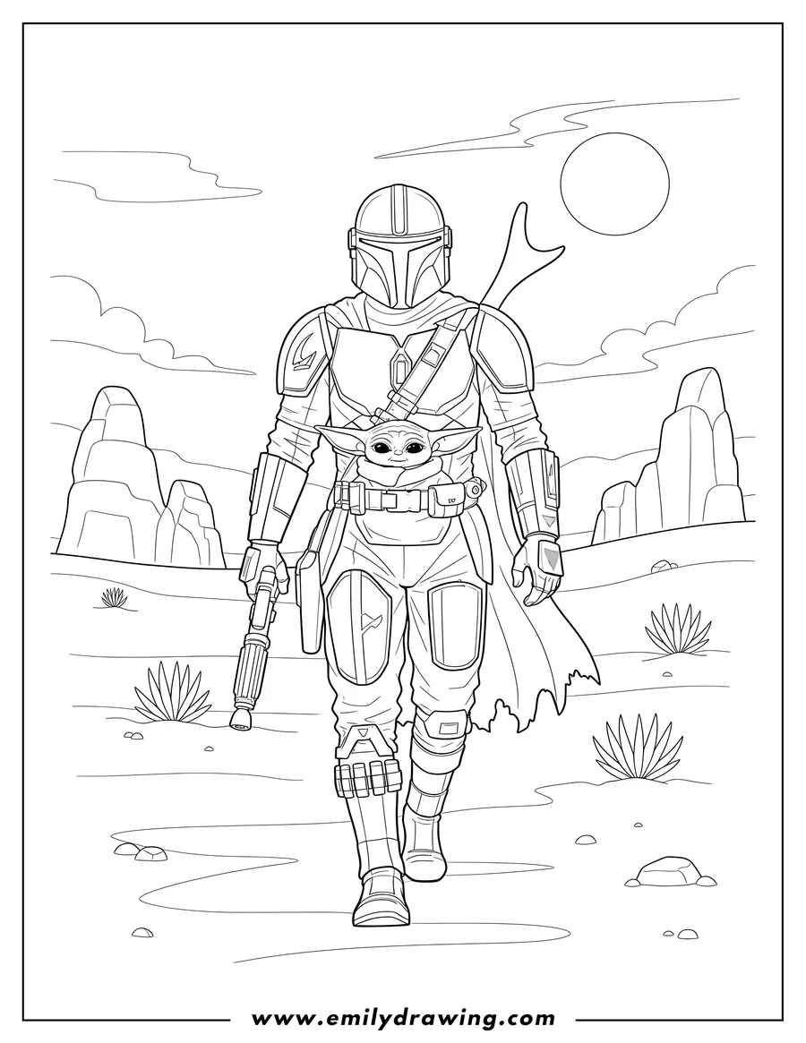 Black and white line art of mandalorian Walking Desert With Baby Yoda in a satchel, holding a blaster