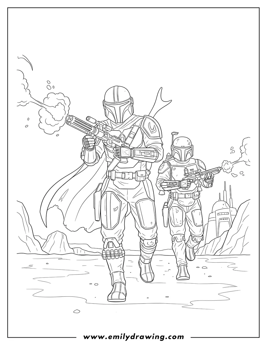 Free printable coloring sheet of mandalorian With Boba Fett Battle, both holding blasters and advancing