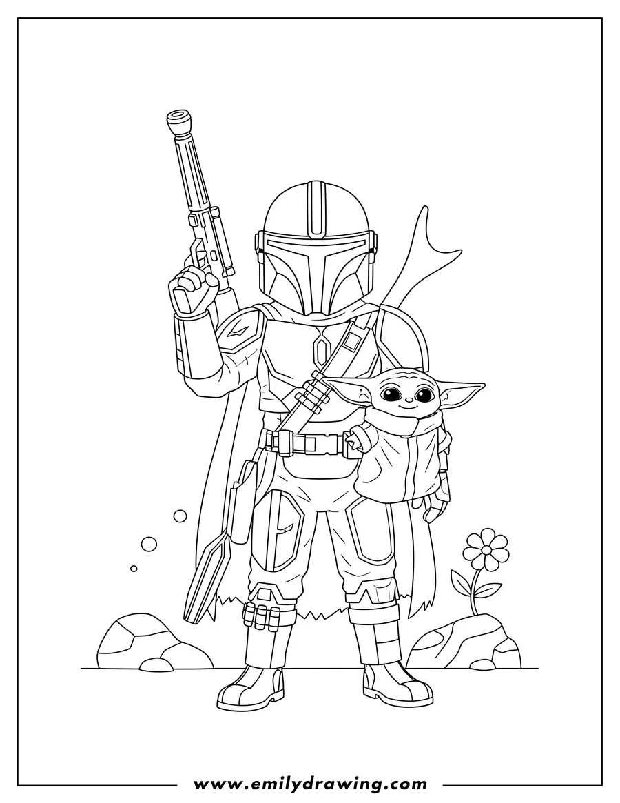 High quality printable mando holding a blaster and carrying cute Baby Yoda for coloring