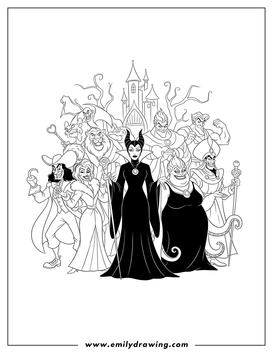 Black and white line art of many Disney Villains together