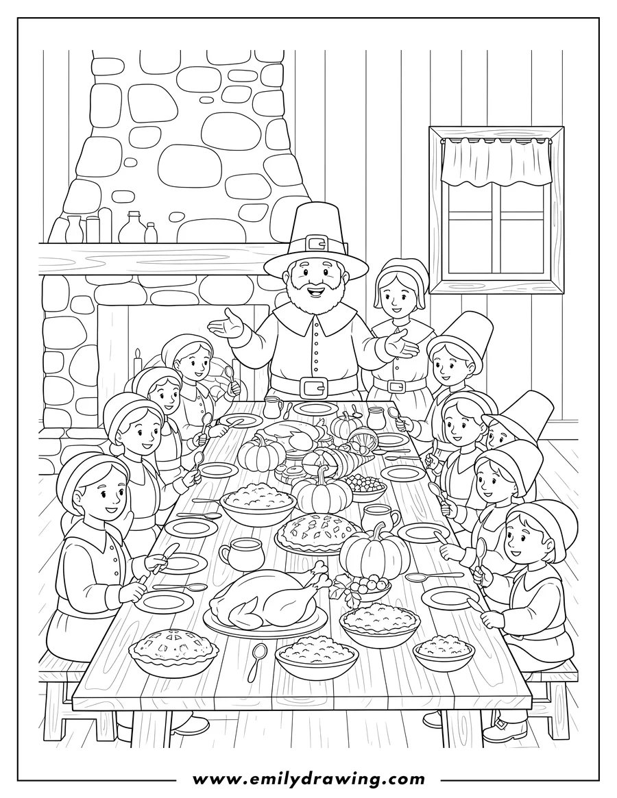 Free printable coloring sheet of many Pilgrims sitting around a long table eating Thanksgiving dinner together