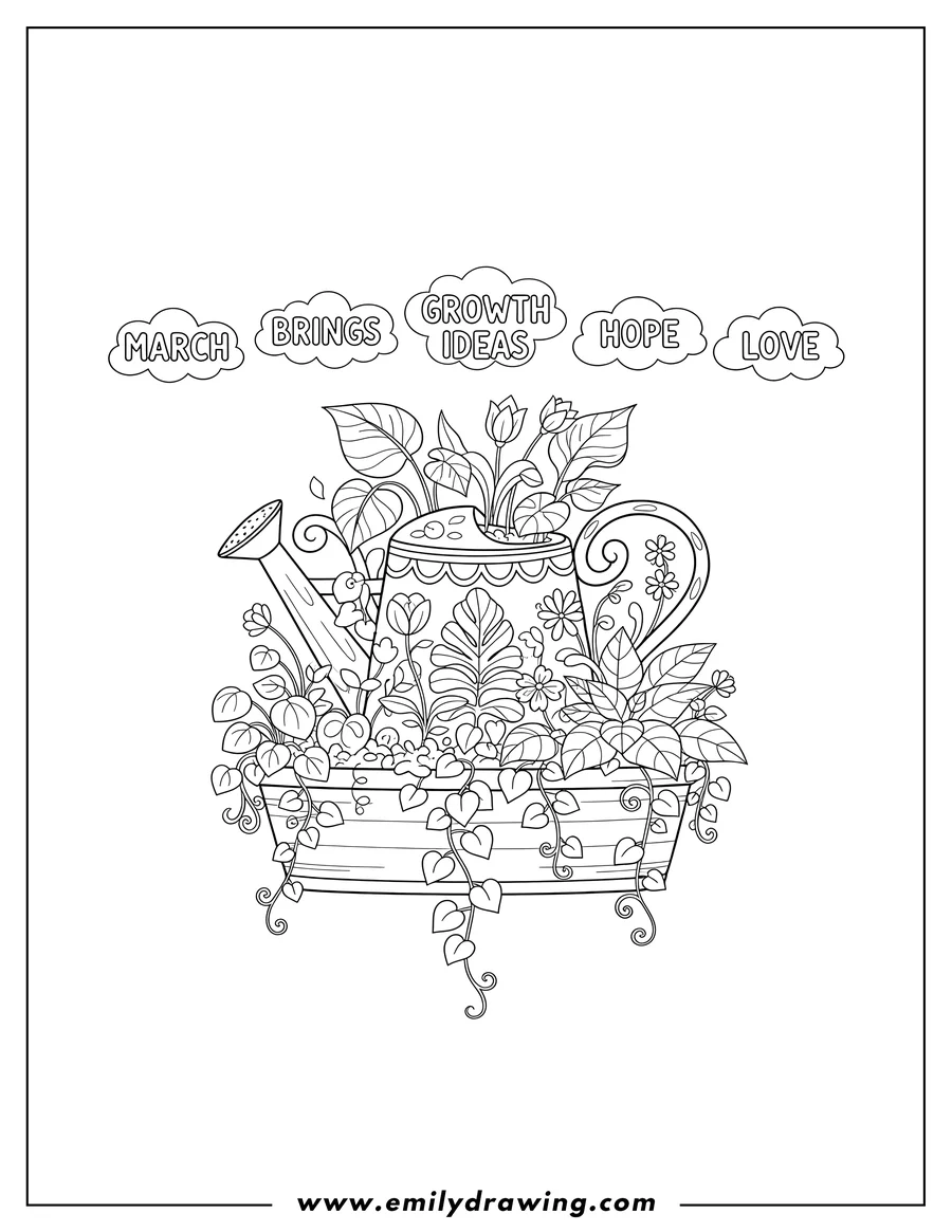 Clean line drawing: march Brings Growth Words Above a watering can and a long planter filled with diverse plants, including trailing vines