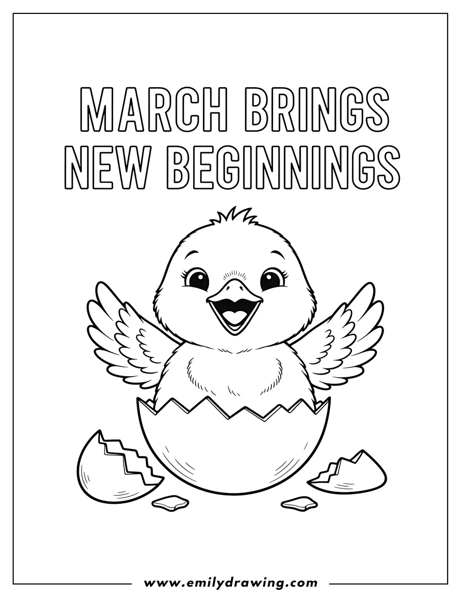 Free printable coloring sheet of march Brings New Beginnings With a happy chick, beak open and wings spread, hatching from a cracked eggshell, with the text 'MARCH BRINGS NEW BEGINNINGS' at the top