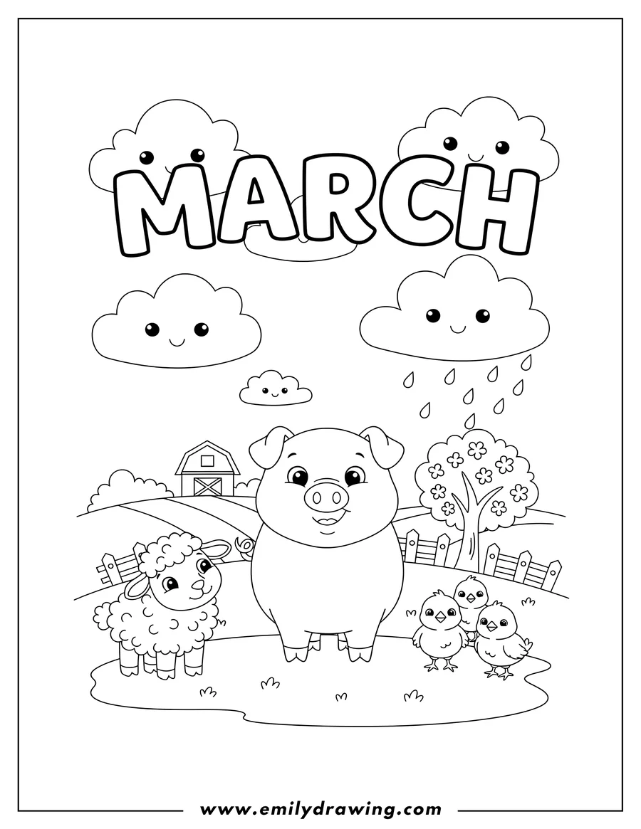 Coloring sheet featuring march Clouds Over Farm, with the word 'March' above a friendly pig, a cute lamb, and chicks