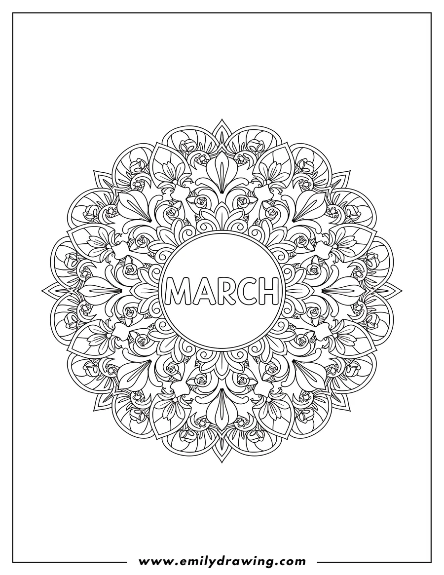 Detailed line art of a mandala with floral and leaf patterns, featuring the word 'MARCH' in a central circular frame.