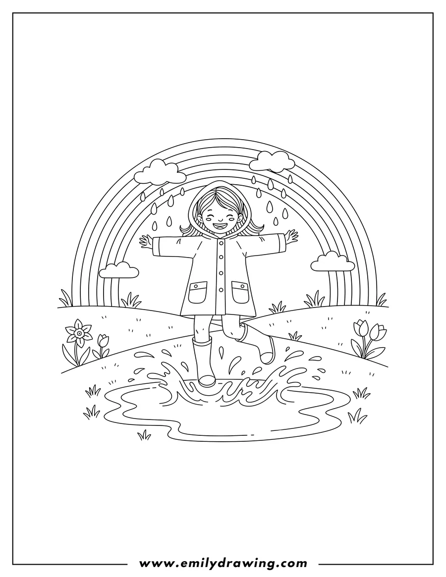 Coloring page of march Rainbow Over Happy Little Girl in Raincoat and Boots Jumping In Puddle