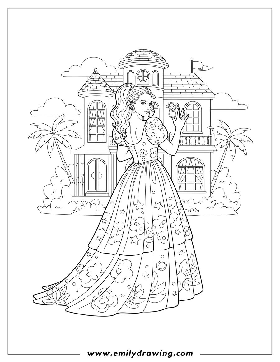 Vector style outline of margot Robbie At Dream House Barbie Movie, seen from behind, holding up a ring