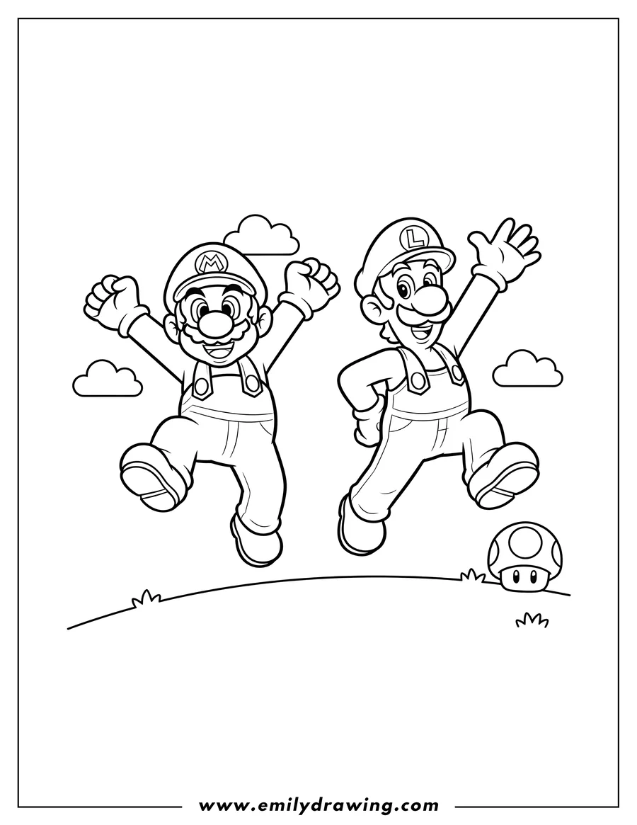 Coloring sheet featuring mario And Luigi Scaled jumping happily side-by-side
