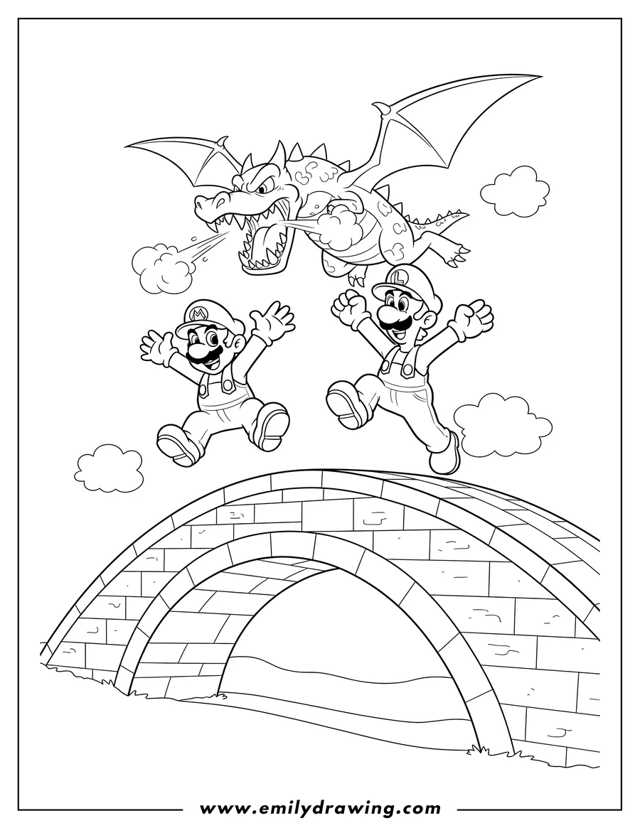 Doodle style coloring picture of mario And Luigi scaling a brick bridge, jumping while a menacing monster flies above