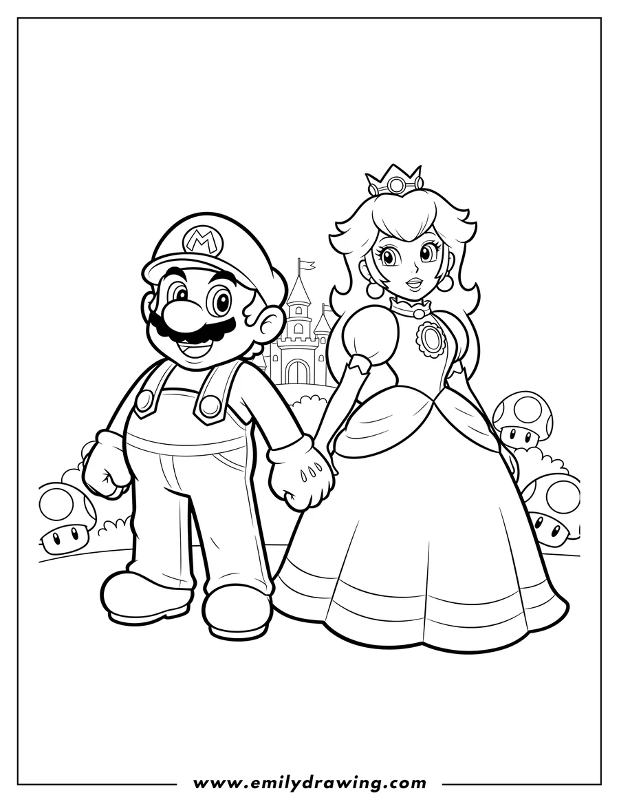 Coloring page of mario and Princess Peach holding hands