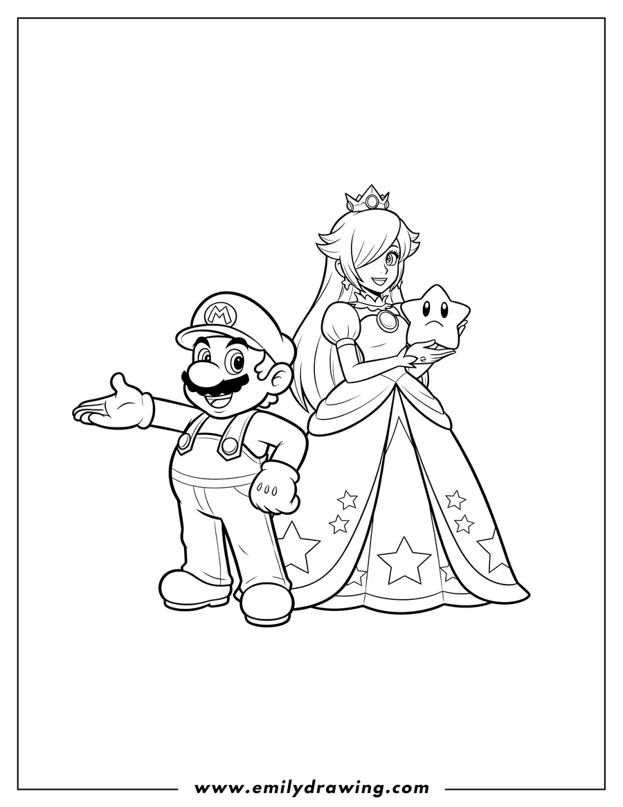 High quality printable mario and Rosalina standing together, Mario smiling with an extended arm for coloring