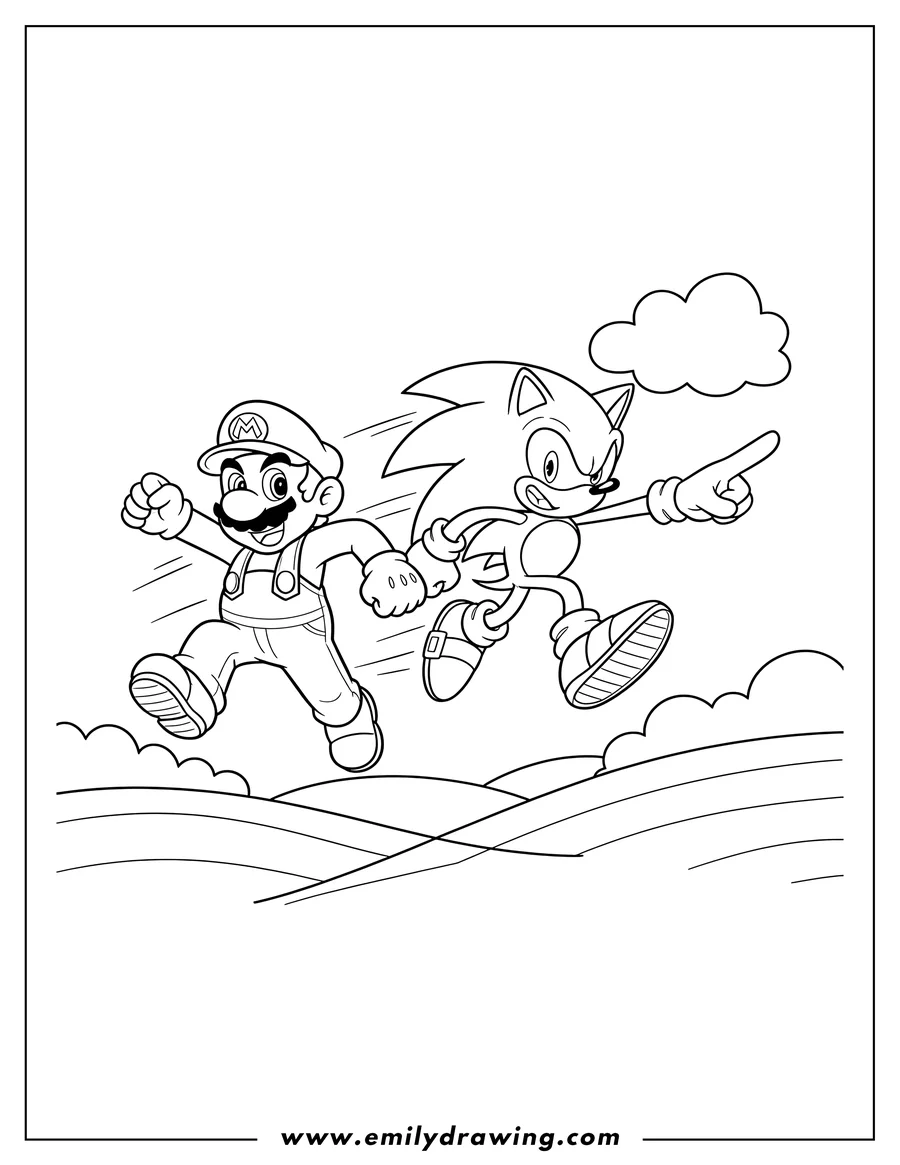 Outline drawing of mario and Sonic running and jumping together, with Sonic pointing