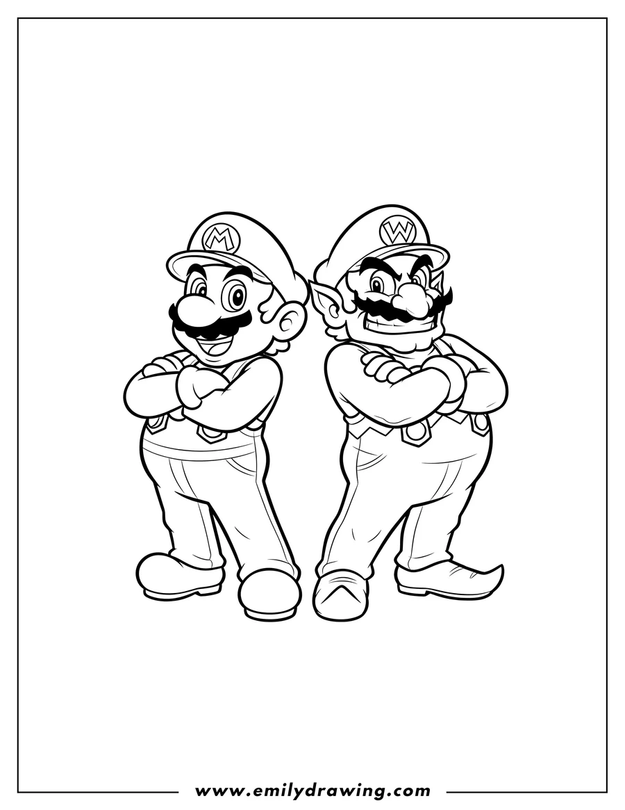 Full page coloring image of mario and Wario standing side-by-side, arms crossed and grinning