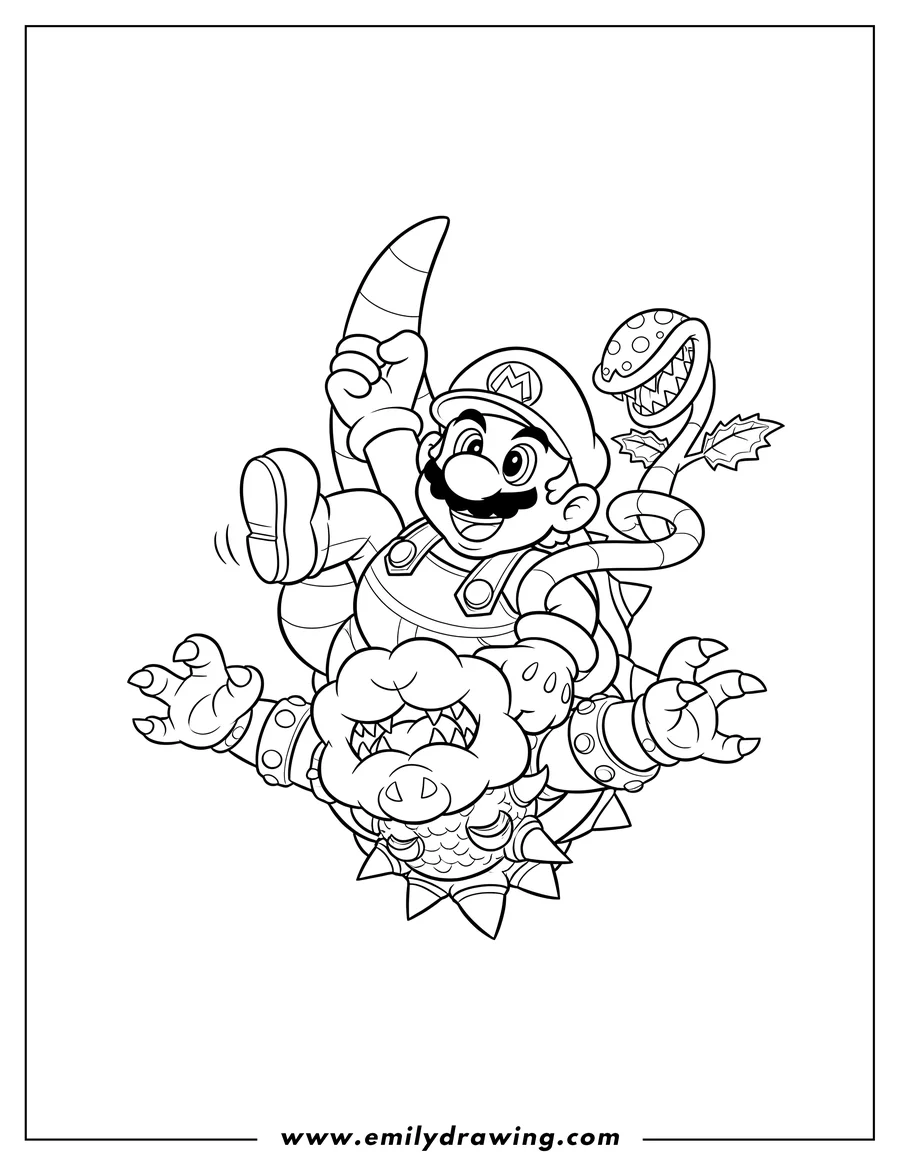 Black and white line art of mario Holding Up Bowser Scaled, upside down, with a Piranha Plant on his arm