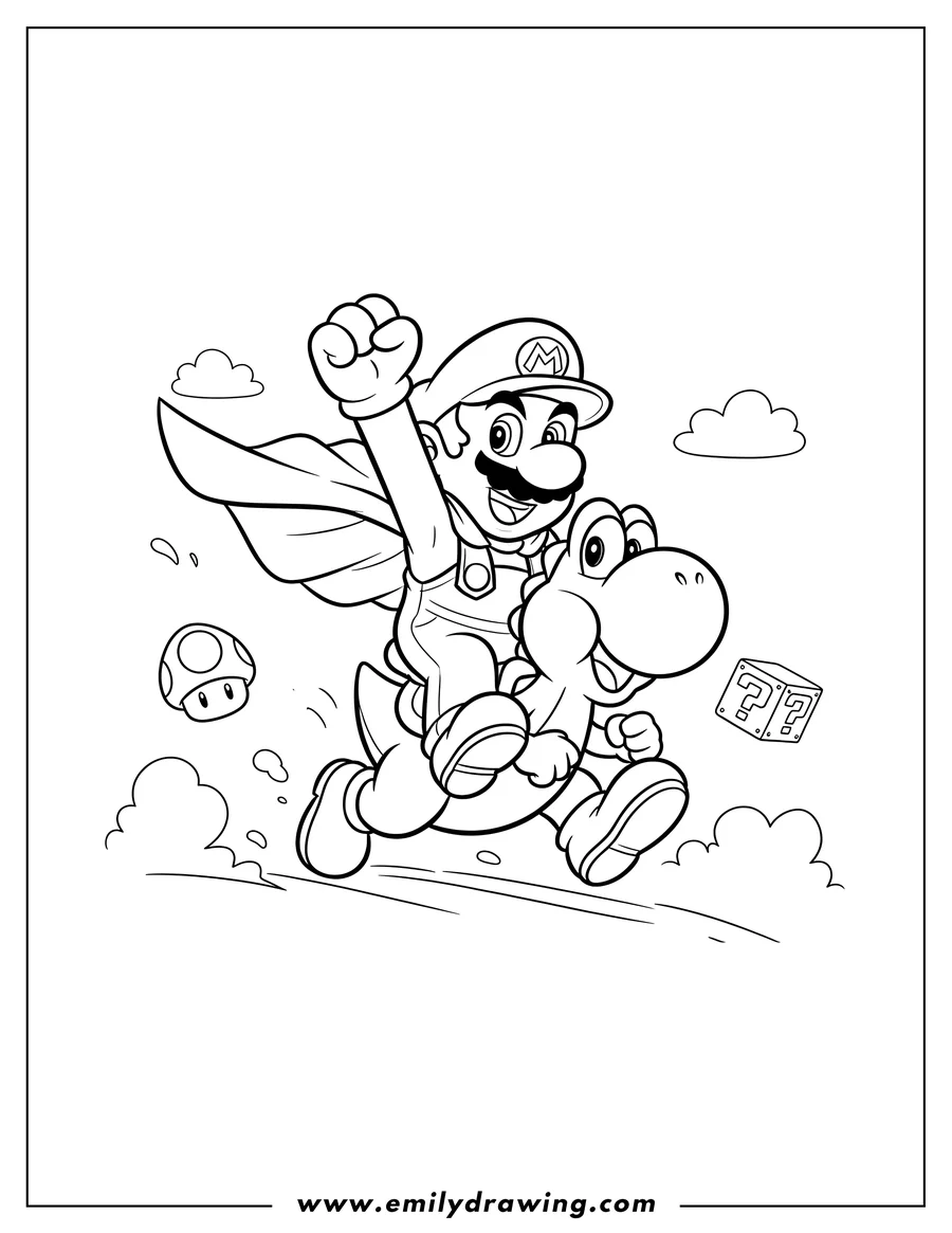 Clean line drawing: mario in a cape riding a running Yoshi