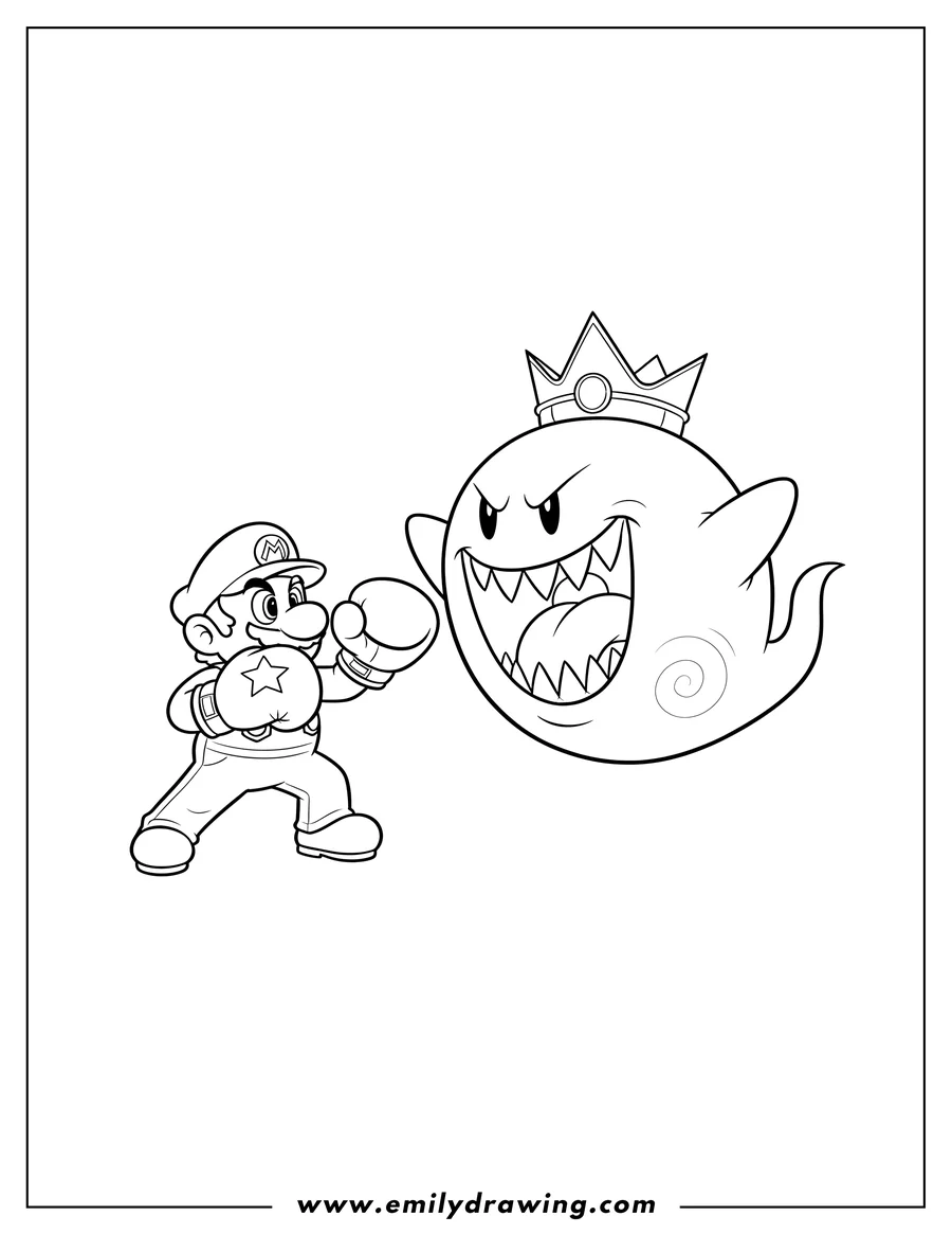 Vector style outline of mario in boxing gloves facing King Boo with crown and open mouth