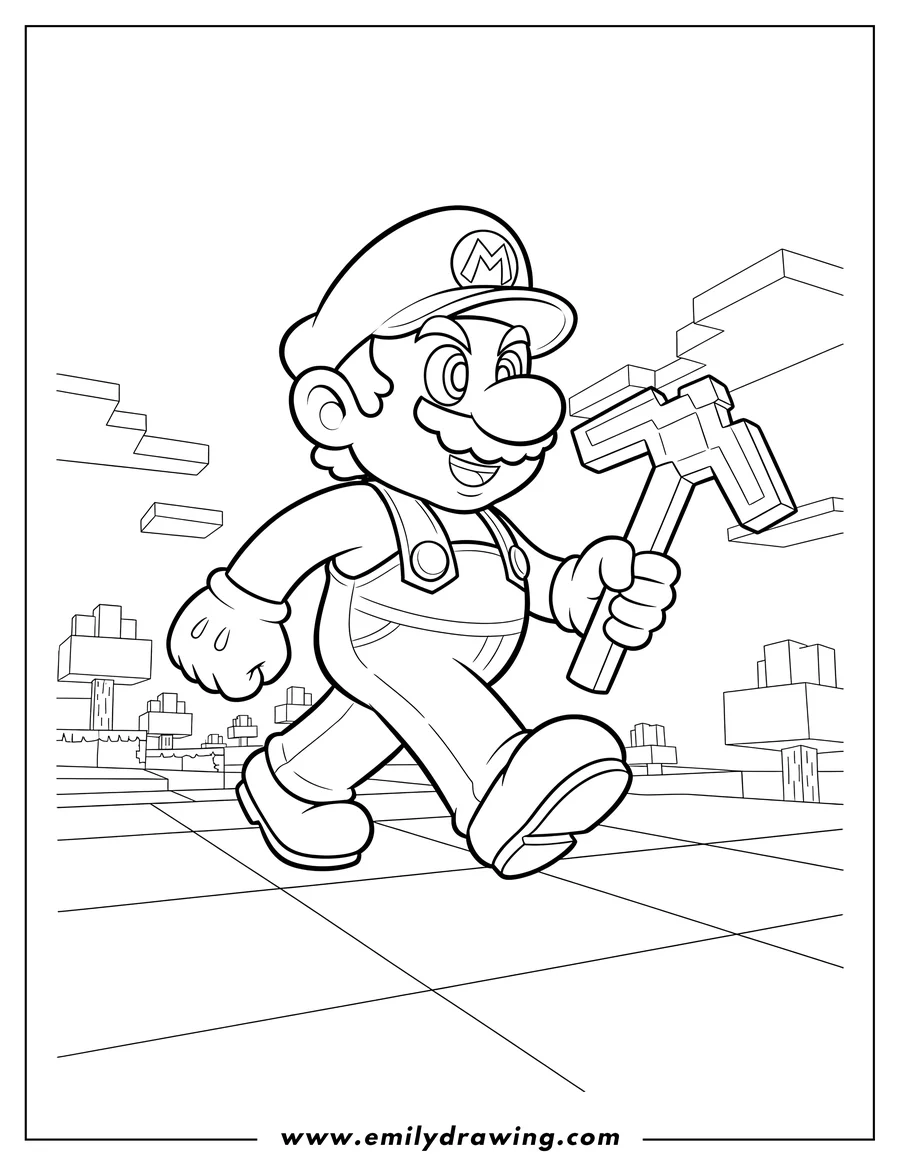 Printable coloring page of mario in Minecraft, walking and holding a pickaxe