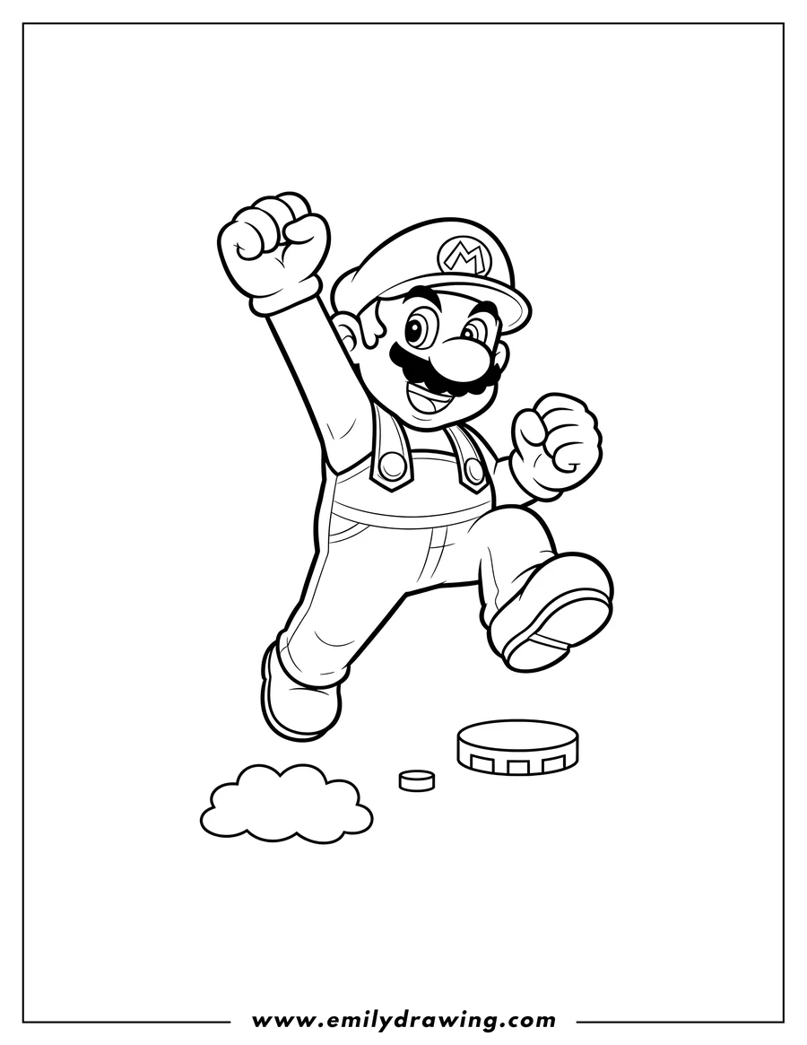 Doodle style coloring picture of mario jumping, with a raised fist and a smile