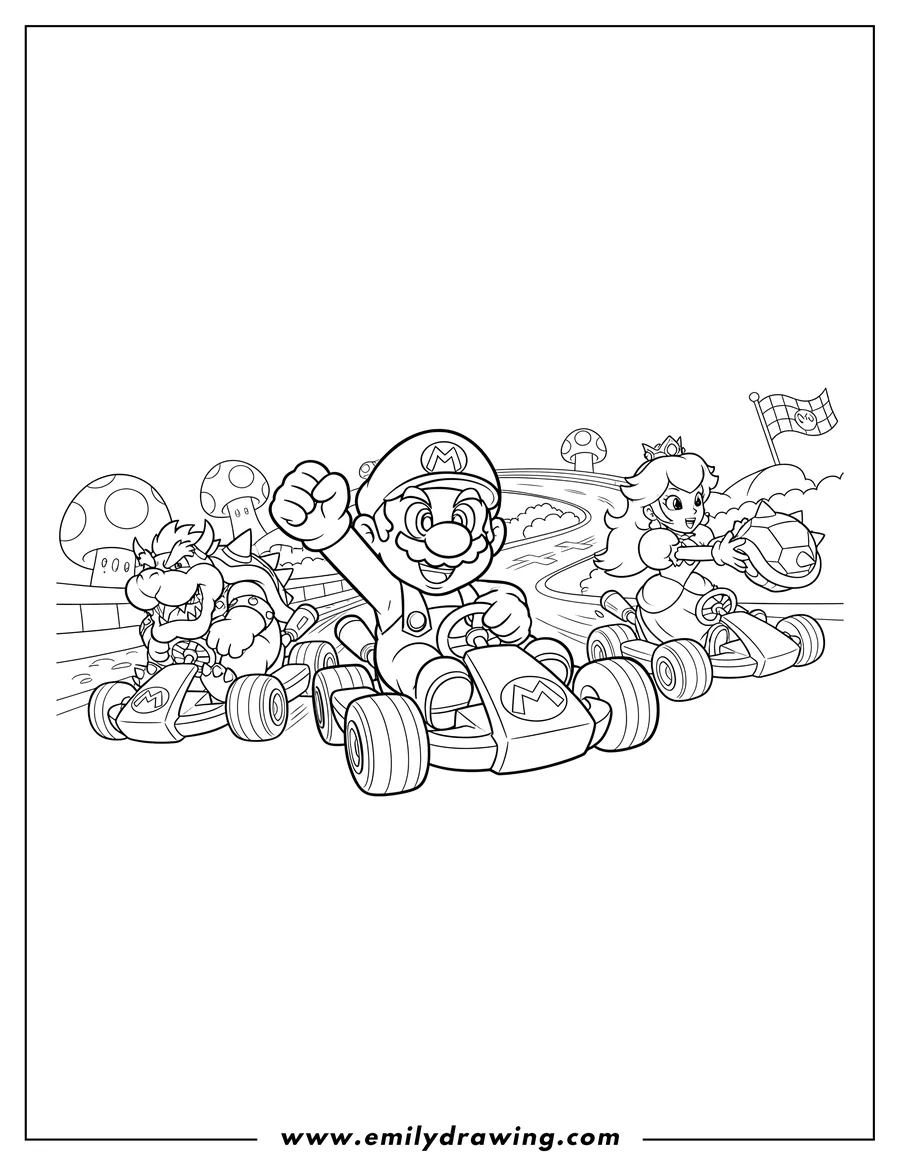 PDF style coloring page: mario Kart Deluxe featuring Mario raising his fist, Peach throwing an item, and Bowser racing