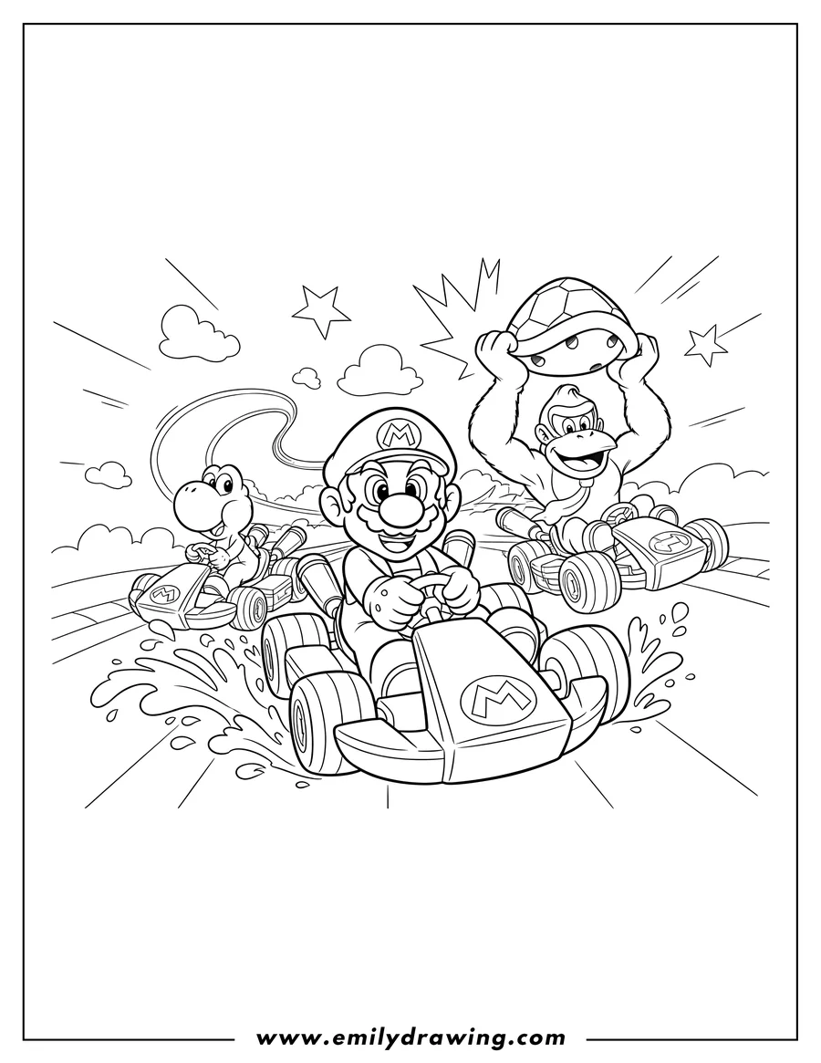 Coloring page of nintendo Mario Kart with Yoshi, Donkey Kong, and Mario racing, with Yoshi splashing water and Donkey Kong holding a green shell