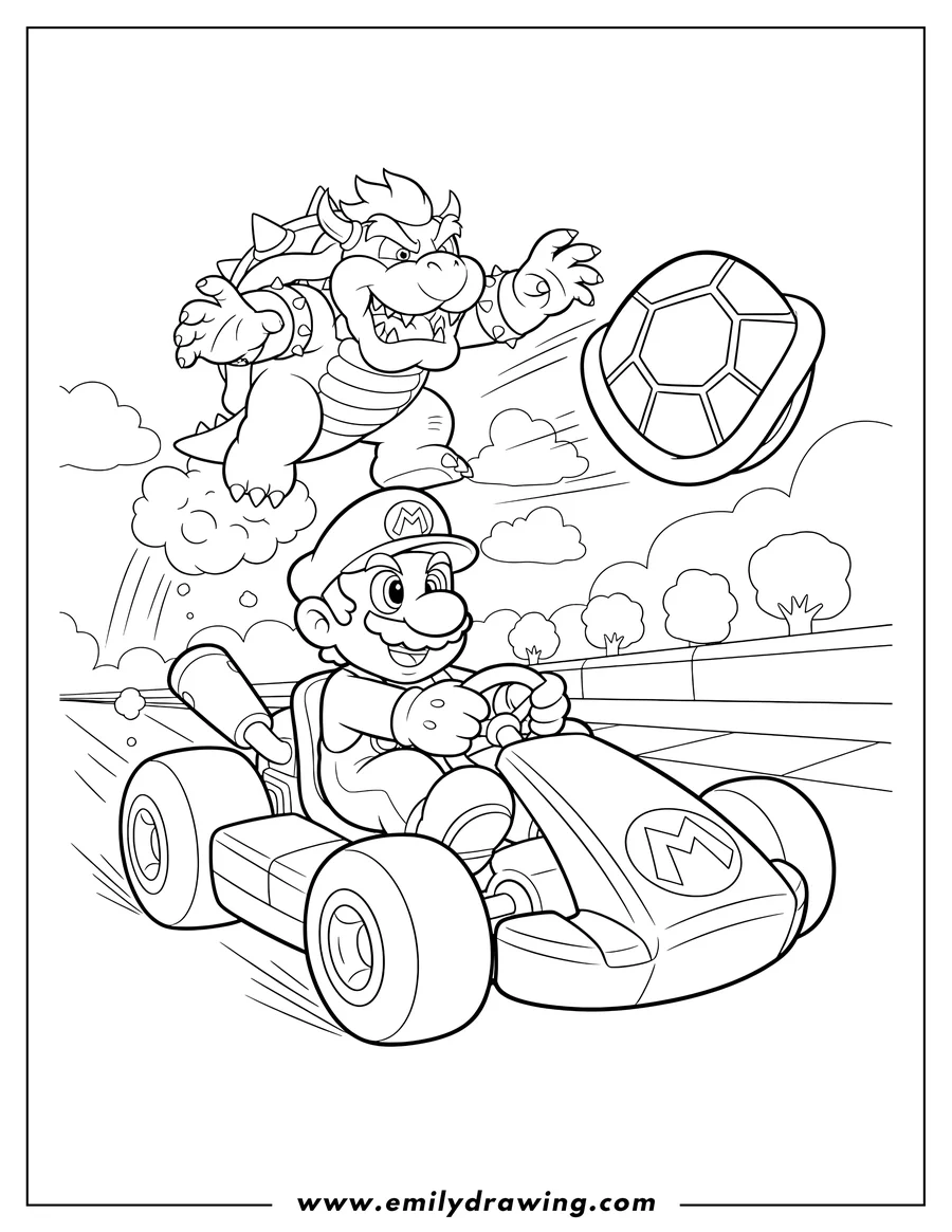 Printable coloring page of mario Kart Scaled, Mario in kart, Bowser airborne with green shell