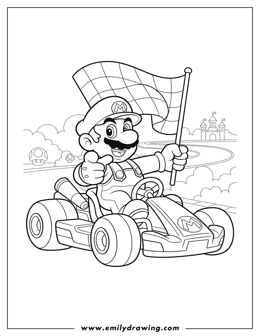 Coloring sheet featuring mario Kart 1 Scaled with Mario holding a checkered flag