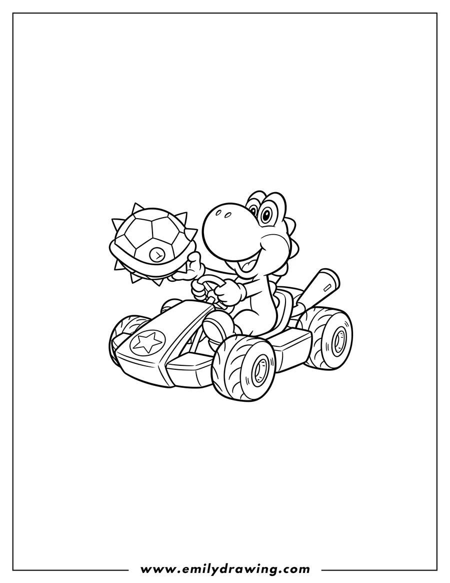 Clean line drawing: mario Kart Yoshi in his kart holding a turtle shell