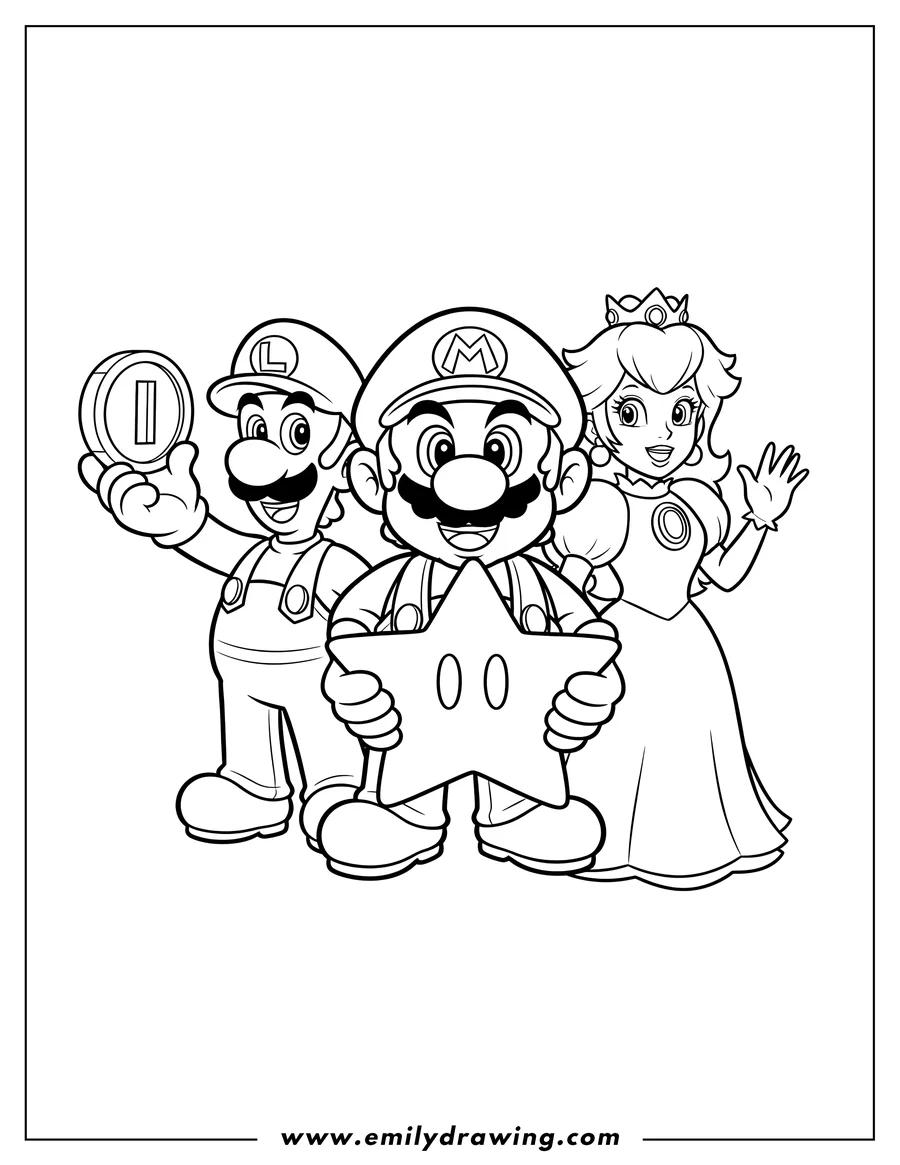 Outline drawing of mario, Luigi, and Princess Peach smiling, with Mario holding a Super Star and Luigi holding a coin