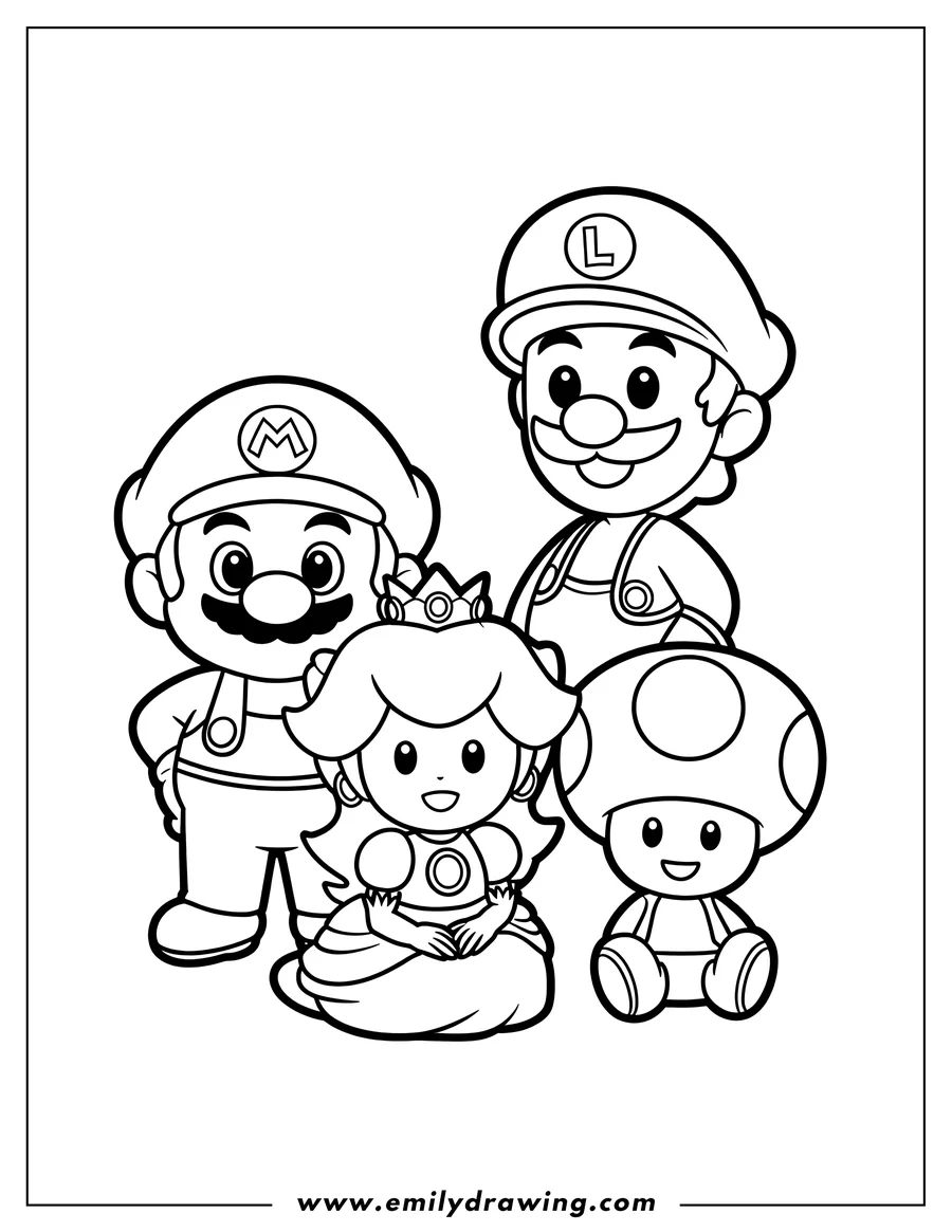 Line art of Mario, Luigi, Princess Peach, and Toad standing and sitting together, ready to be colored.