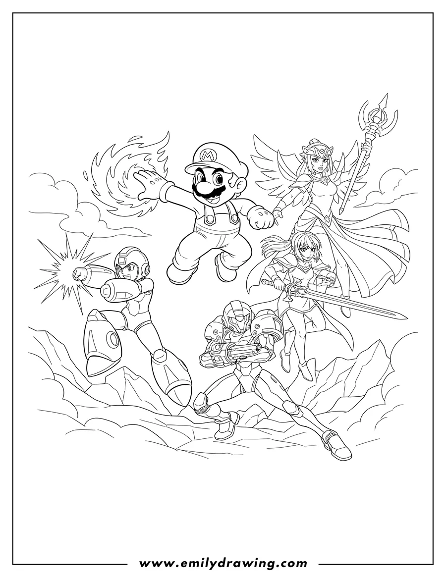 Printable line art of mario throwing a fireball, Mega Man charging, Palutena, Samus Aran, and Lucina in battle