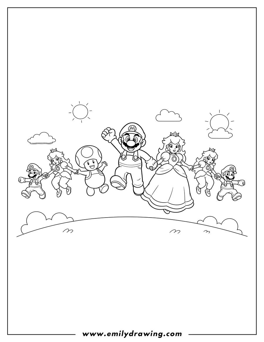 Clean line drawing: laughcreate 8 Scaled, Mario, Princess Peach, and a mushroom character jumping while holding hands