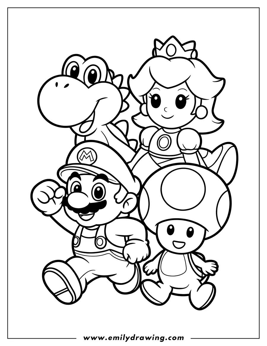Line art of Mario, Princess Peach, Yoshi, and Toad grouped together, ready for action.
