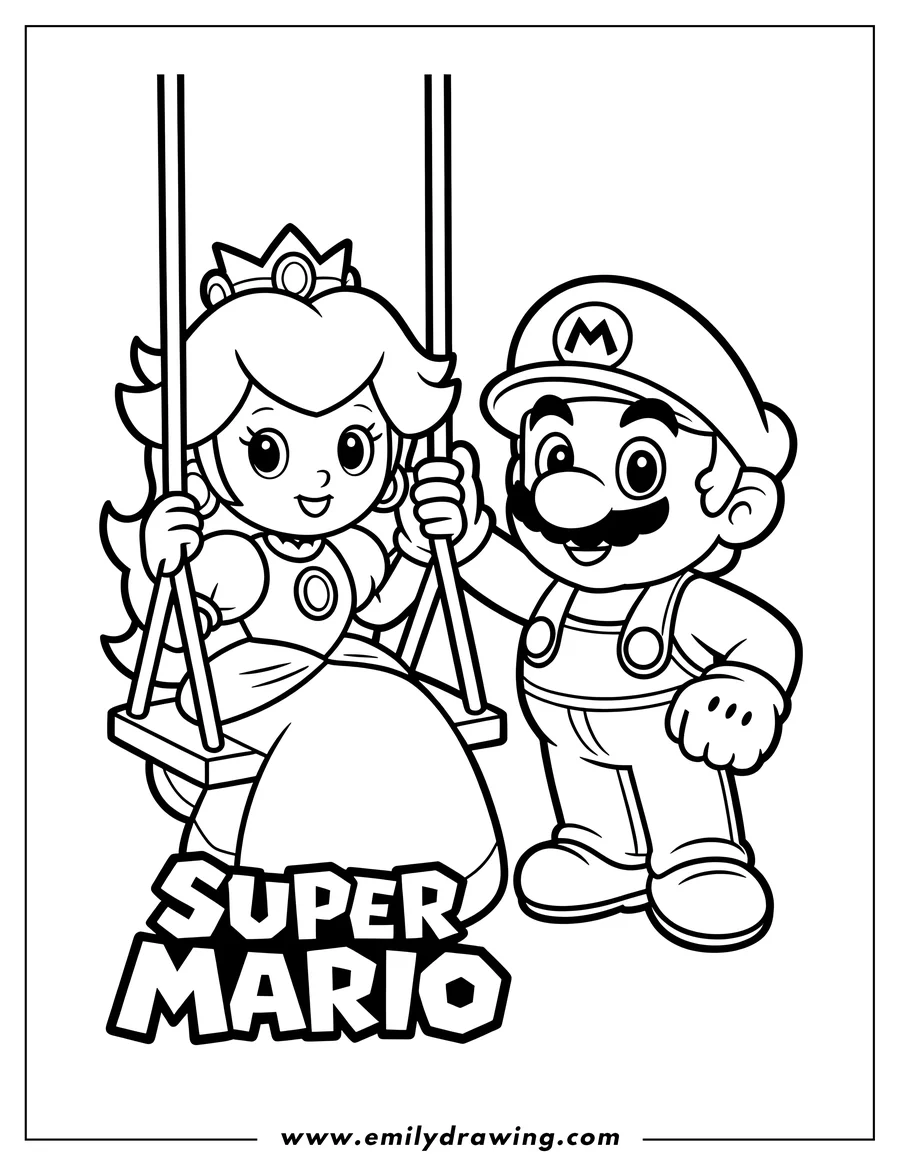 Full page coloring image of princess Peach