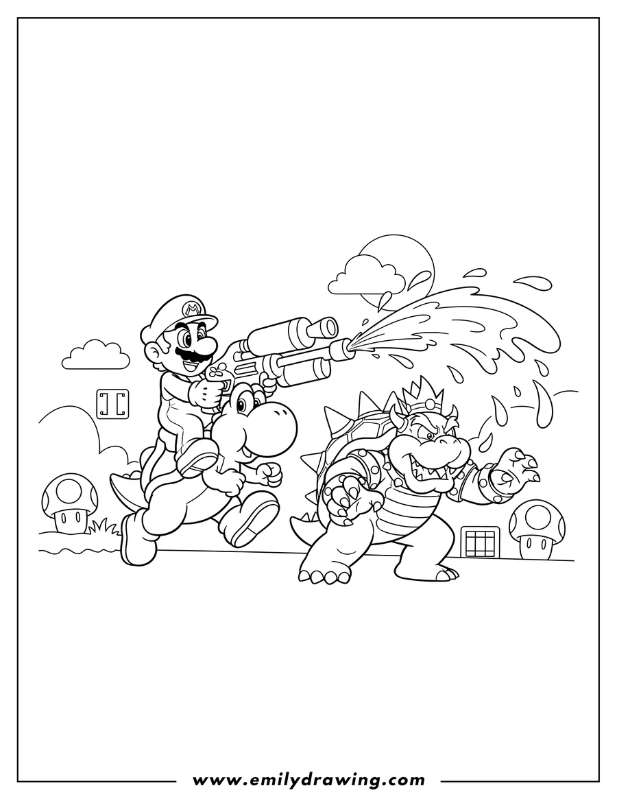 High quality printable mario riding Yoshi and shooting a water gun at Bowser for coloring